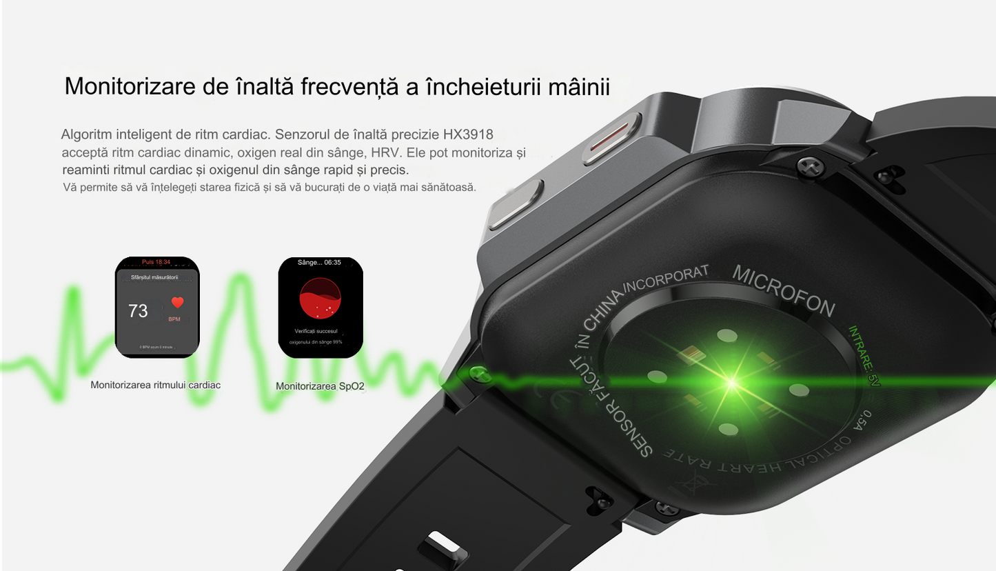 Smartwatch idealSTORE EasySIM, Ecran AMOLED 2.13 inch, camera Foto, Android 8.1, GPS, Apel 4G, Apel Video, Acumulator Puternic 1000 mAh, Ritm Cardiac, SpO2, Incarcare Magnetica, Procesor quad-core, Bratara Neagra din Silicon