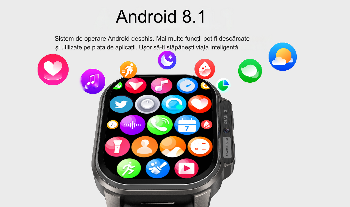 Smartwatch idealSTORE EasySIM, Ecran AMOLED 2.13 inch, camera Foto, Android 8.1, GPS, Apel 4G, Apel Video, Acumulator Puternic 1000 mAh, Ritm Cardiac, SpO2, Incarcare Magnetica, Procesor quad-core, Bratara Neagra din Silicon