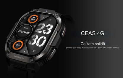 Smartwatch idealSTORE EasySIMS2, Ecran AMOLED 2.13 inch, camera Foto, Android 8.1, GPS, GLONASS, Busola, Apel 4G, Acumulator 1000 mAh, Nano SIM, Ritm Cardiac, SpO2, Incarcare Magnetica, Procesor quad-core, Bratara Neagra din Silicon