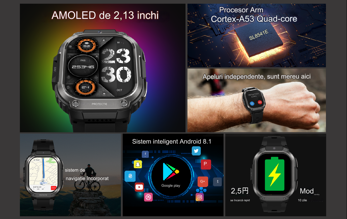 Smartwatch idealSTORE EasySIMS2, Ecran AMOLED 2.13 inch, camera Foto, Android 8.1, GPS, GLONASS, Busola, Apel 4G, Acumulator 1000 mAh, Nano SIM, Ritm Cardiac, SpO2, Incarcare Magnetica, Procesor quad-core, Bratara Neagra din Silicon