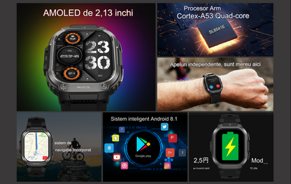 Smartwatch idealSTORE EasySIMS2, Ecran AMOLED 2.13 inch, camera Foto, Android 8.1, GPS, GLONASS, Busola, Apel 4G, Acumulator 1000 mAh, Nano SIM, Ritm Cardiac, SpO2, Incarcare Magnetica, Procesor quad-core, Bratara Neagra din Silicon