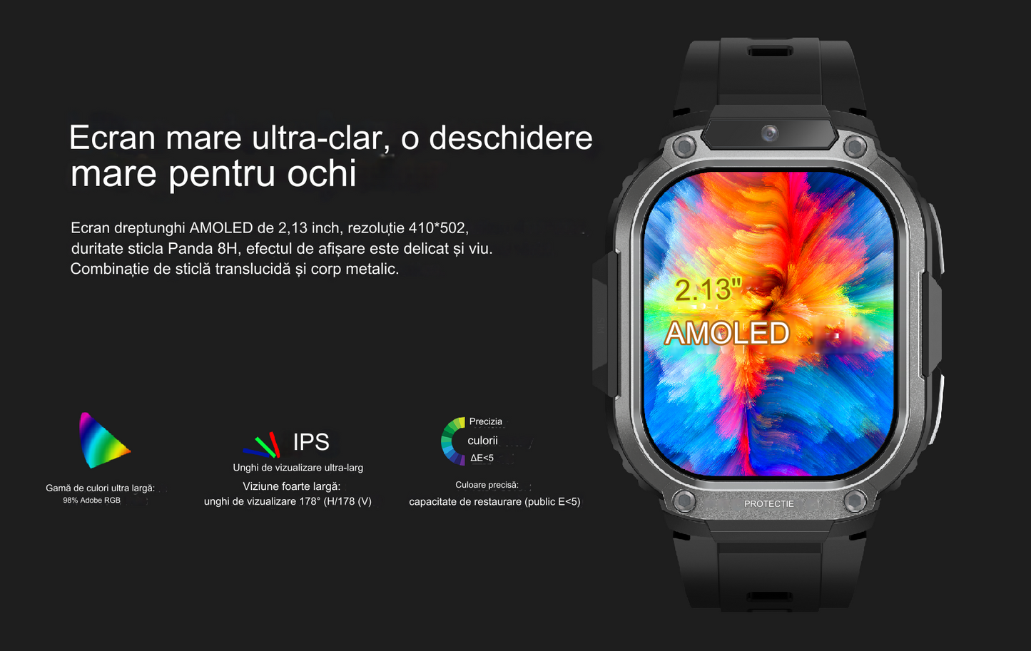 Smartwatch idealSTORE EasySIMS2, Ecran AMOLED 2.13 inch, camera Foto, Android 8.1, GPS, GLONASS, Busola, Apel 4G, Acumulator 1000 mAh, Nano SIM, Ritm Cardiac, SpO2, Incarcare Magnetica, Procesor quad-core, Bratara Neagra din Silicon