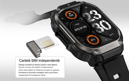 Smartwatch idealSTORE EasySIMS2, Ecran AMOLED 2.13 inch, camera Foto, Android 8.1, GPS, GLONASS, Busola, Apel 4G, Acumulator 1000 mAh, Nano SIM, Ritm Cardiac, SpO2, Incarcare Magnetica, Procesor quad-core, Bratara Neagra din Silicon