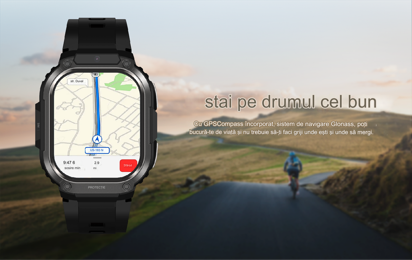 Smartwatch idealSTORE EasySIMS2, Ecran AMOLED 2.13 inch, camera Foto, Android 8.1, GPS, GLONASS, Busola, Apel 4G, Acumulator 1000 mAh, Nano SIM, Ritm Cardiac, SpO2, Incarcare Magnetica, Procesor quad-core, Bratara Neagra din Silicon