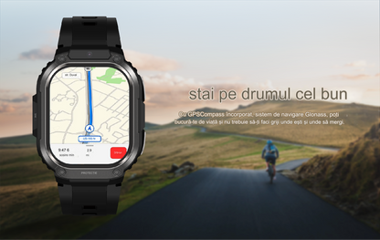 Smartwatch idealSTORE EasySIMS2, Ecran AMOLED 2.13 inch, camera Foto, Android 8.1, GPS, GLONASS, Busola, Apel 4G, Acumulator 1000 mAh, Nano SIM, Ritm Cardiac, SpO2, Incarcare Magnetica, Procesor quad-core, Bratara Neagra din Silicon