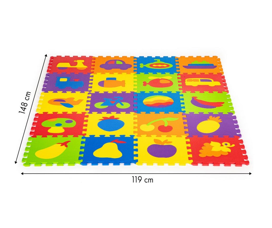 Puzzle Interactiv tip covoras, Dimensiuni 148 x 119 cm, Setul este format din 20 puzzle-uri patrate mari cu vehicule si fructe, Material burete, Ajuta la dezvoltarea creativitatii si coordonarii Mana-Ochi pentru copii, Culoare Multicolor