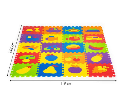 Puzzle Interactiv tip covoras, Dimensiuni 148 x 119 cm, Setul este format din 20 puzzle-uri patrate mari cu vehicule si fructe, Material burete, Ajuta la dezvoltarea creativitatii si coordonarii Mana-Ochi pentru copii, Culoare Multicolor