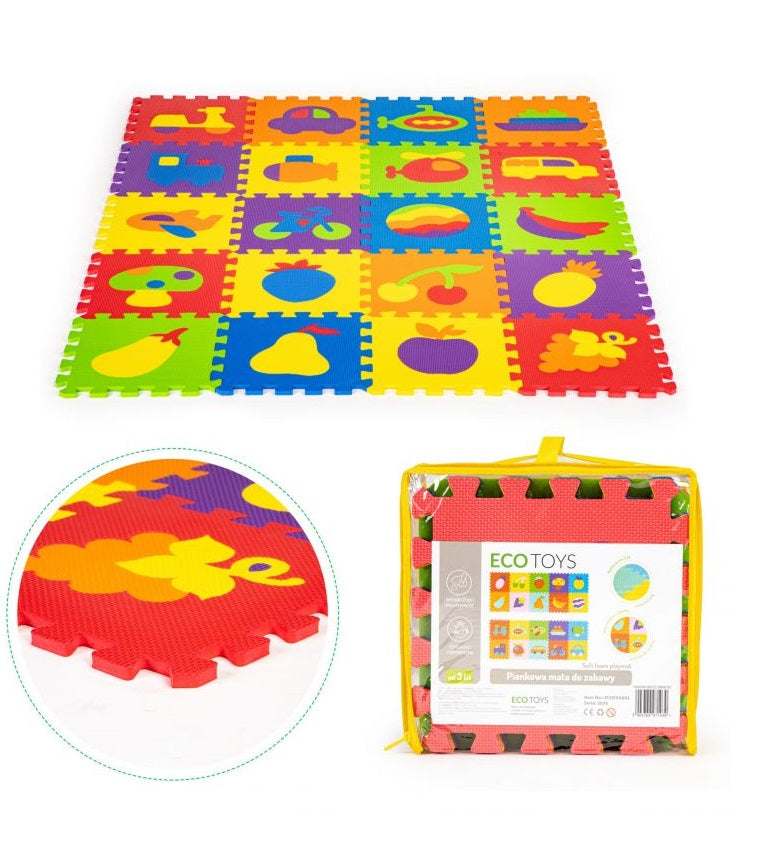 Puzzle Interactiv tip covoras, Dimensiuni 148 x 119 cm, Setul este format din 20 puzzle-uri patrate mari cu vehicule si fructe, Material burete, Ajuta la dezvoltarea creativitatii si coordonarii Mana-Ochi pentru copii, Culoare Multicolor