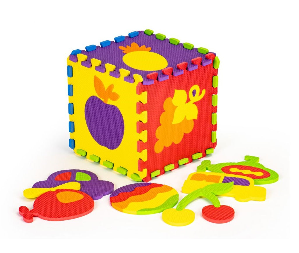 Puzzle Interactiv tip covoras, Dimensiuni 148 x 119 cm, Setul este format din 20 puzzle-uri patrate mari cu vehicule si fructe, Material burete, Ajuta la dezvoltarea creativitatii si coordonarii Mana-Ochi pentru copii, Culoare Multicolor