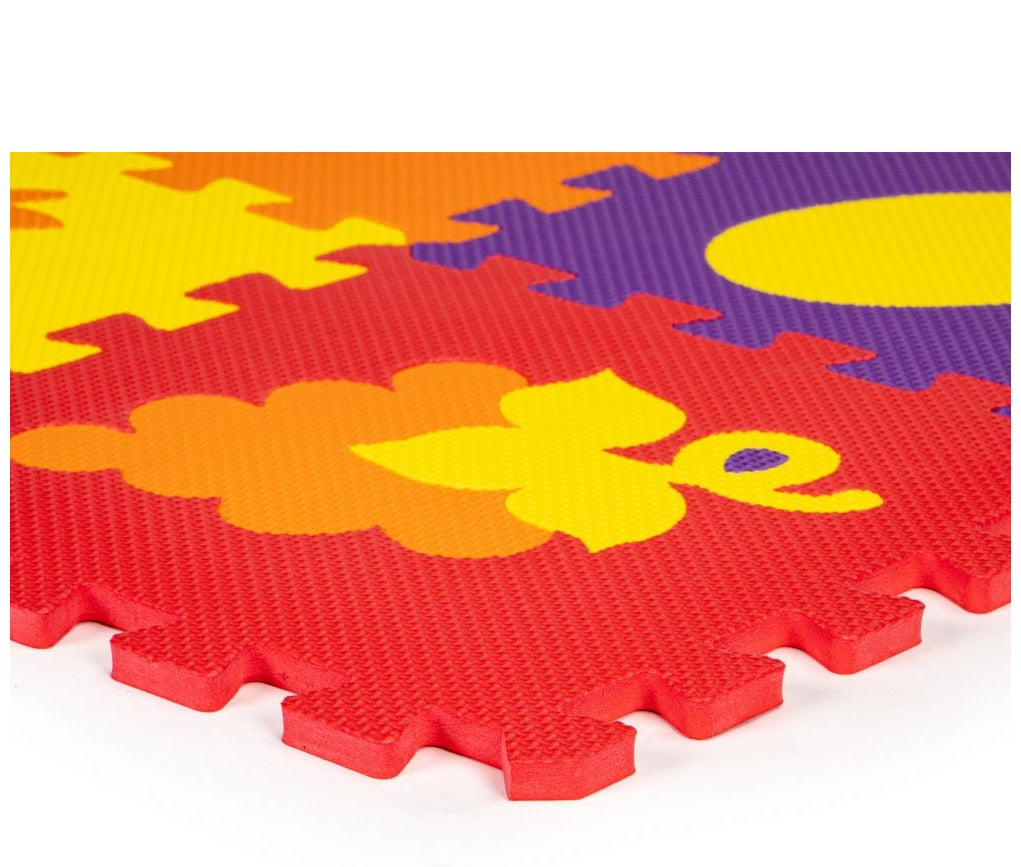 Puzzle Interactiv tip covoras, Dimensiuni 148 x 119 cm, Setul este format din 20 puzzle-uri patrate mari cu vehicule si fructe, Material burete, Ajuta la dezvoltarea creativitatii si coordonarii Mana-Ochi pentru copii, Culoare Multicolor