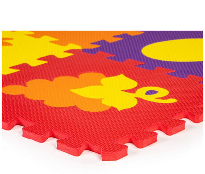 Puzzle Interactiv tip covoras, Dimensiuni 148 x 119 cm, Setul este format din 20 puzzle-uri patrate mari cu vehicule si fructe, Material burete, Ajuta la dezvoltarea creativitatii si coordonarii Mana-Ochi pentru copii, Culoare Multicolor