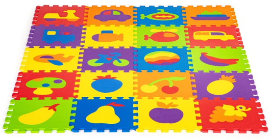 Puzzle Interactiv tip covoras, Dimensiuni 148 x 119 cm, Setul este format din 20 puzzle-uri patrate mari cu vehicule si fructe, Material burete, Ajuta la dezvoltarea creativitatii si coordonarii Mana-Ochi pentru copii, Culoare Multicolor