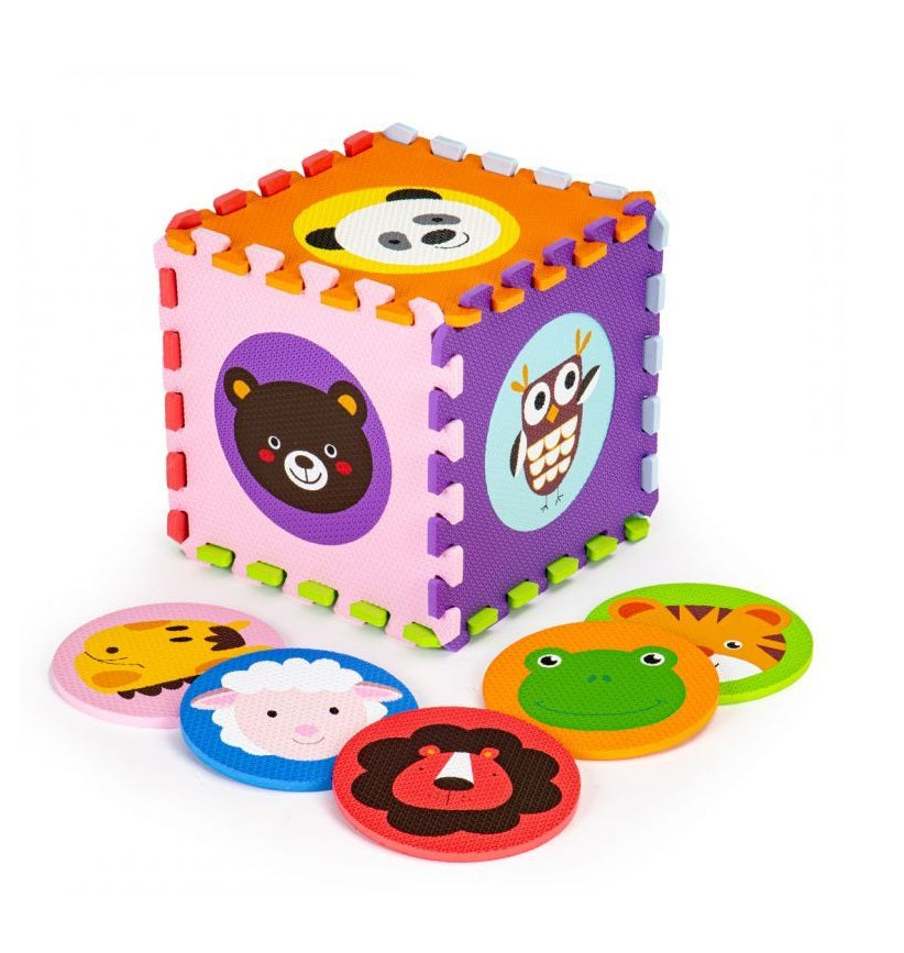 Puzzle Interactiv tip covoras, Dimensiuni 90 x 90 cm, Include 9 puzzle-uri patrate mari cu animale, Material burete, Ajuta la dezvoltarea creativitatii si coordonarii Mana-Ochi pentru copii, Culoare Multicolor