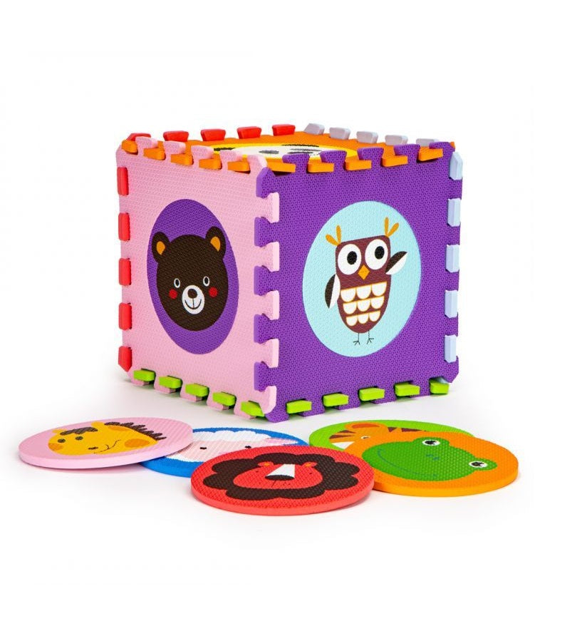 Puzzle Interactiv tip covoras, Dimensiuni 90 x 90 cm, Include 9 puzzle-uri patrate mari cu animale, Material burete, Ajuta la dezvoltarea creativitatii si coordonarii Mana-Ochi pentru copii, Culoare Multicolor