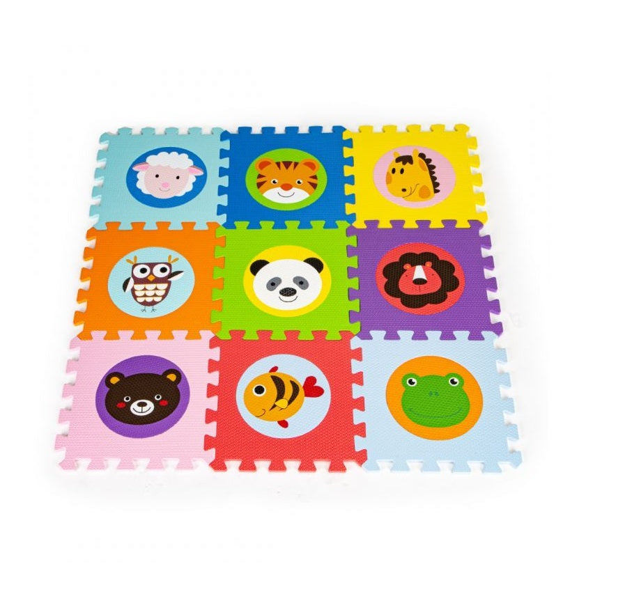 Puzzle Interactiv tip covoras, Dimensiuni 90 x 90 cm, Include 9 puzzle-uri patrate mari cu animale, Material burete, Ajuta la dezvoltarea creativitatii si coordonarii Mana-Ochi pentru copii, Culoare Multicolor