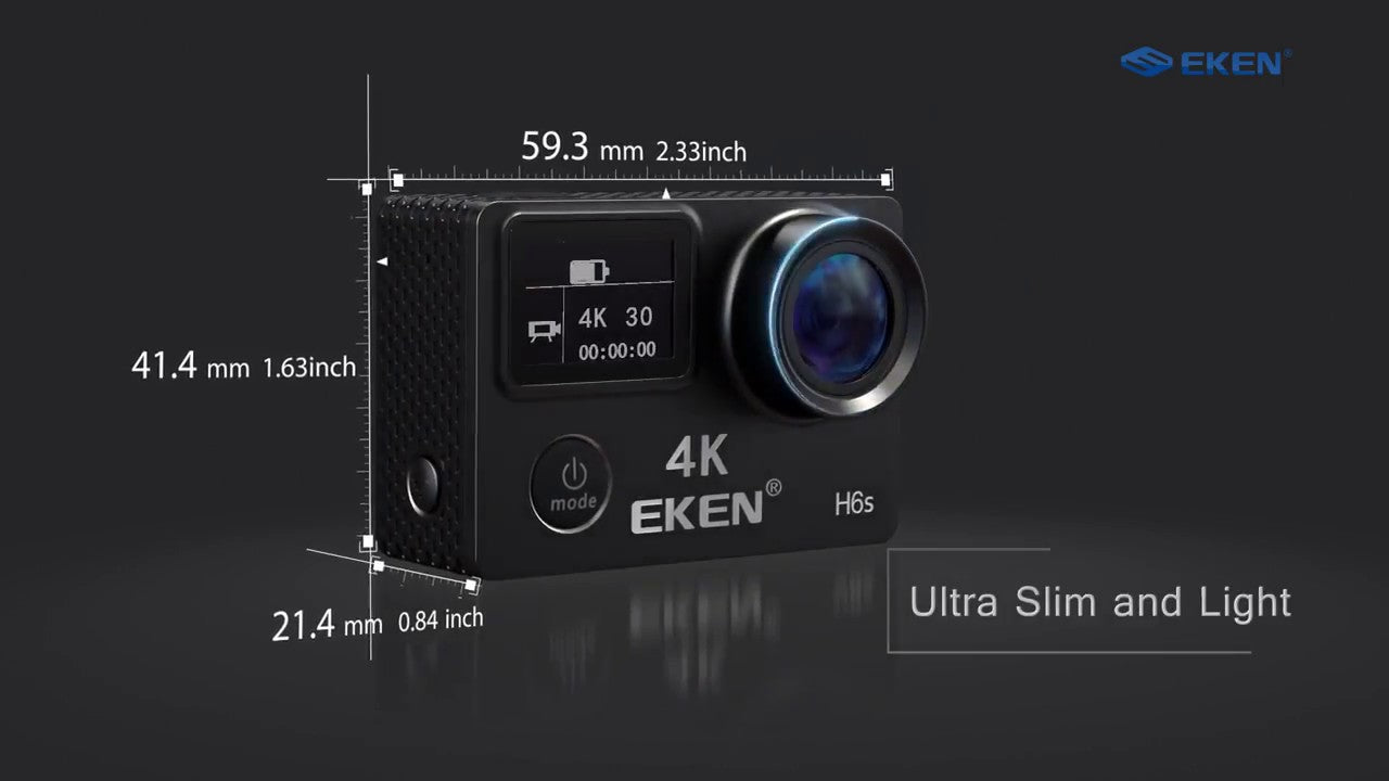 Camera video sport EKEN H6S Ultra HD 4K+ EIS, 170 grade, stabilizare electronica, Dublu ecran, 2' LCD, Wi-Fi, HDMI, Accesorii incluse, micro USB, carcasa subacvatica 30m, 2-inch, Black, Telecomanda si trepied Cadou + Baterie Bonus
