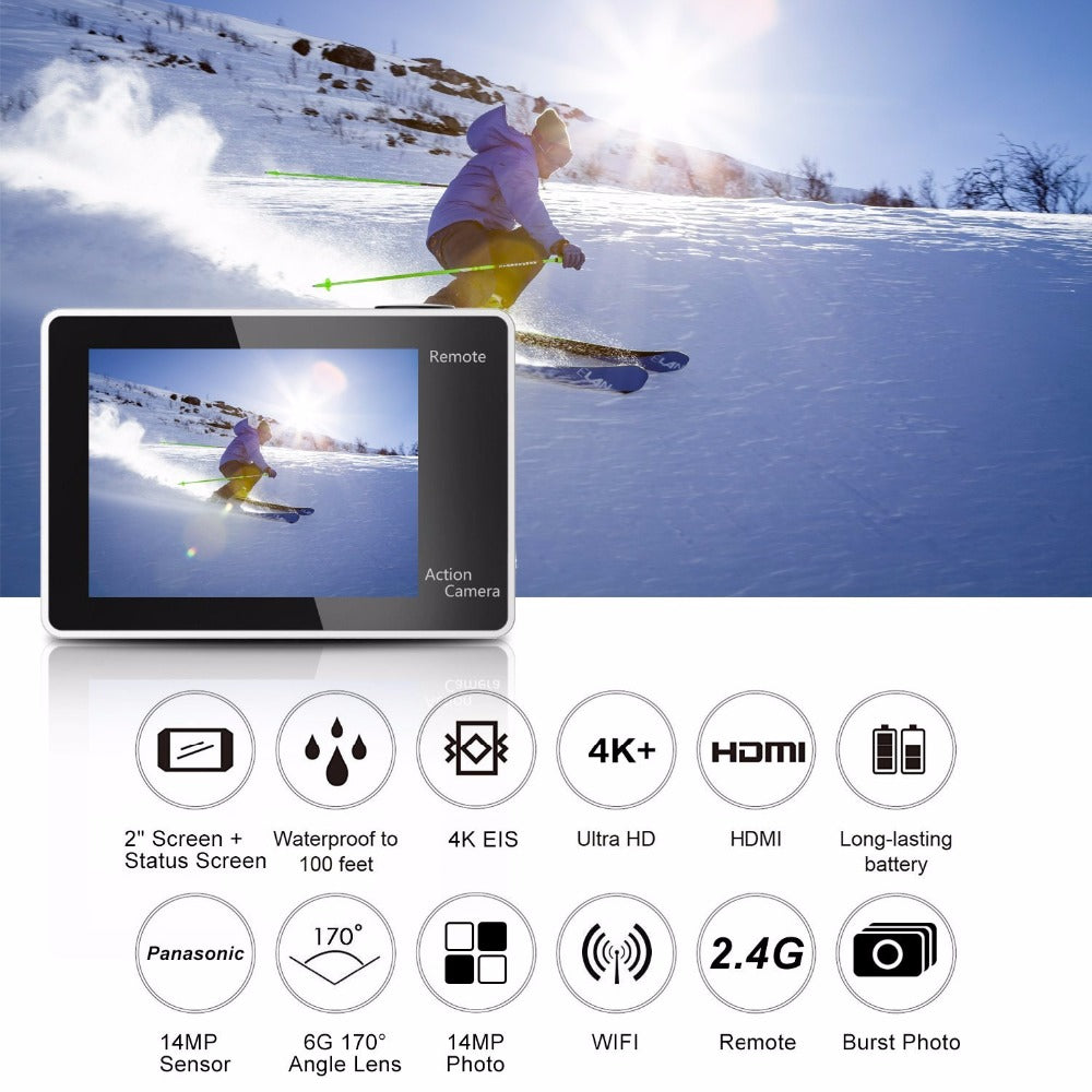 Camera video sport EKEN H6S Ultra HD 4K+ EIS, 170 grade, stabilizare electronica, Dublu ecran, 2' LCD, Wi-Fi, HDMI, Accesorii incluse, micro USB, carcasa subacvatica 30m, 2-inch, Black, Telecomanda si trepied Cadou + Baterie Bonus