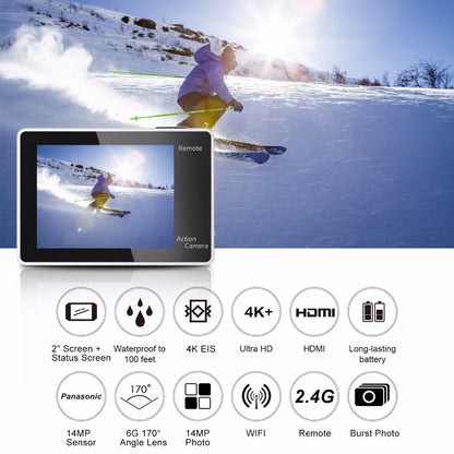 Camera video sport EKEN H6S Ultra HD 4K+ EIS, 170 grade, stabilizare electronica, Dublu ecran, 2' LCD, Wi-Fi, HDMI, Accesorii incluse, micro USB, carcasa subacvatica 30m, 2-inch, Black, Telecomanda si trepied Cadou + Baterie Bonus