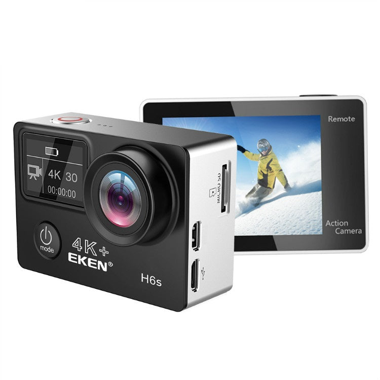 Camera video sport EKEN H6S Ultra HD 4K+ EIS, 170 grade, stabilizare electronica, Dublu ecran, 2' LCD, Wi-Fi, HDMI, Accesorii incluse, micro USB, carcasa subacvatica 30m, 2-inch, Black, Telecomanda si trepied Cadou + Baterie Bonus