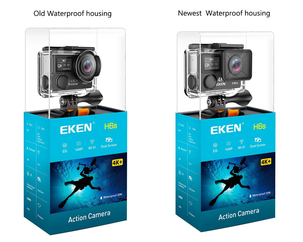 Camera video sport EKEN H6S Ultra HD 4K+ EIS, 170 grade, stabilizare electronica, Dublu ecran, 2' LCD, Wi-Fi, HDMI, Accesorii incluse, micro USB, carcasa subacvatica 30m, 2-inch, Black, Telecomanda si trepied Cadou + Baterie Bonus