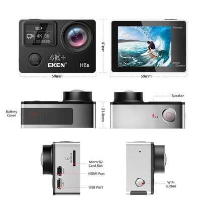 Camera video sport EKEN H6S Ultra HD 4K+ EIS, 170 grade, stabilizare electronica, Dublu ecran, 2' LCD, Wi-Fi, HDMI, Accesorii incluse, micro USB, carcasa subacvatica 30m, 2-inch, Black, Telecomanda si trepied Cadou + Baterie Bonus