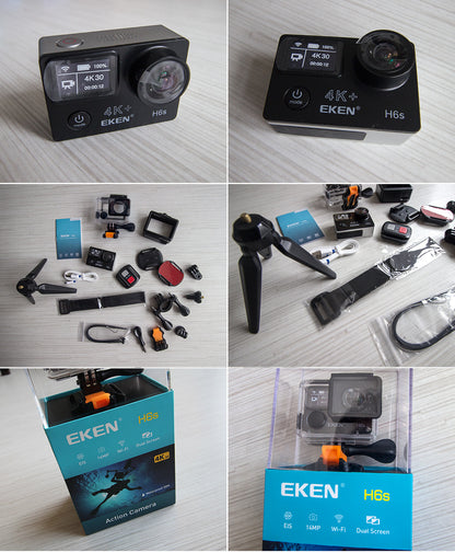 Camera video sport EKEN H6S Ultra HD 4K+ EIS, 170 grade, stabilizare electronica, Dublu ecran, 2' LCD, Wi-Fi, HDMI, Accesorii incluse, micro USB, carcasa subacvatica 30m, 2-inch, Black, Telecomanda si trepied Cadou + Baterie Bonus