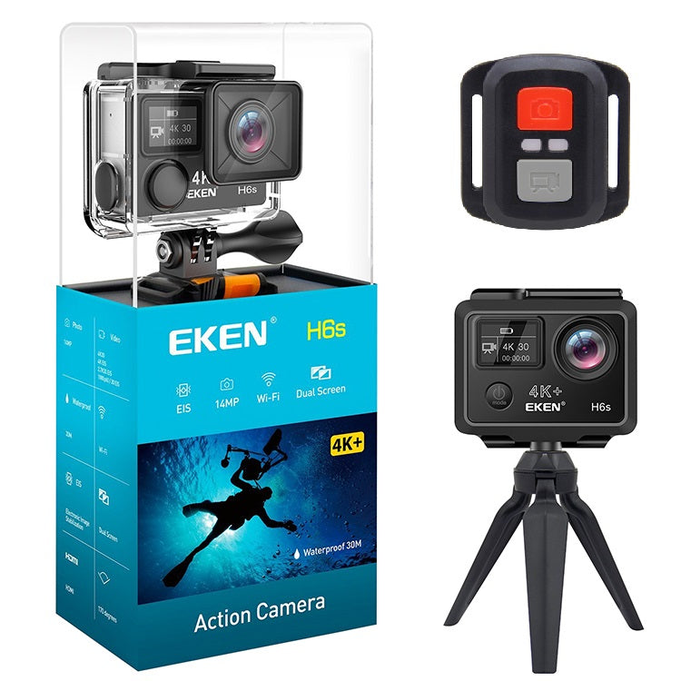 Camera video sport EKEN H6S Ultra HD 4K+ EIS, 170 grade, stabilizare electronica, Dublu ecran, 2' LCD, Wi-Fi, HDMI, Accesorii incluse, micro USB, carcasa subacvatica 30m, 2-inch, Black, Telecomanda si trepied Cadou + Baterie Bonus