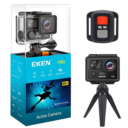 Camera video sport EKEN H6S Ultra HD 4K+ EIS, 170 grade, stabilizare electronica, Dublu ecran, 2' LCD, Wi-Fi, HDMI, Accesorii incluse, micro USB, carcasa subacvatica 30m, 2-inch, Black, Telecomanda si trepied Cadou + Baterie Bonus