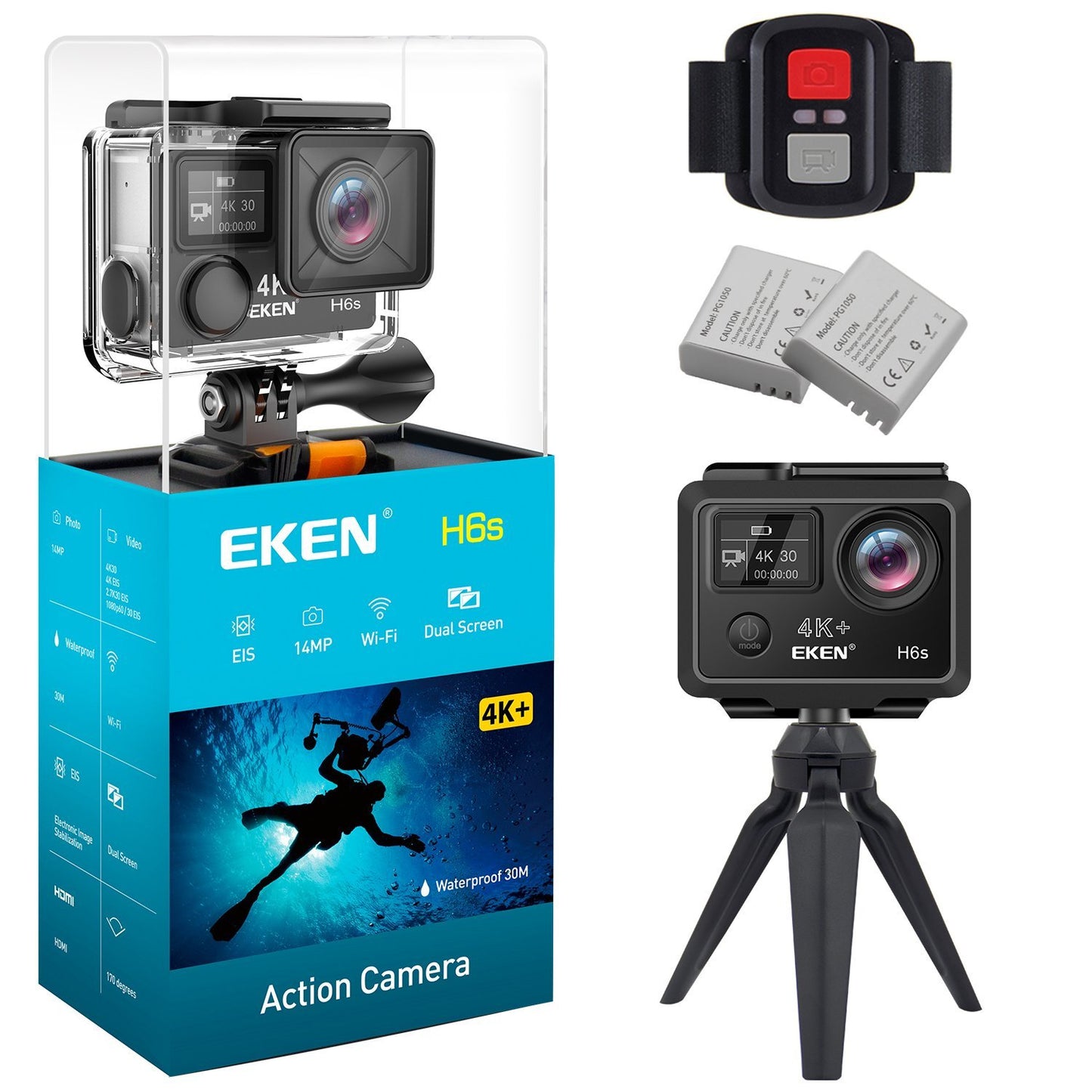 Camera video sport EKEN H6S Ultra HD 4K+ EIS, 170 grade, stabilizare electronica, Dublu ecran, 2' LCD, Wi-Fi, HDMI, Accesorii incluse, micro USB, carcasa subacvatica 30m, 2-inch, Black, Telecomanda si trepied Cadou + Baterie Bonus