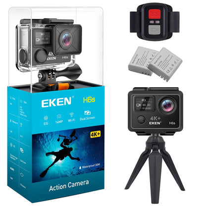 Camera video sport EKEN H6S Ultra HD 4K+ EIS, 170 grade, stabilizare electronica, Dublu ecran, 2' LCD, Wi-Fi, HDMI, Accesorii incluse, micro USB, carcasa subacvatica 30m, 2-inch, Black, Telecomanda si trepied Cadou + Baterie Bonus