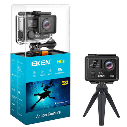 Camera video sport EKEN H6S Ultra HD 4K+ EIS, 170 grade, stabilizare electronica, Dublu ecran, 2' LCD, Wi-Fi, HDMI, Accesorii incluse, micro USB, carcasa subacvatica 30m, 2-inch, Black, Telecomanda si trepied Cadou + Baterie Bonus