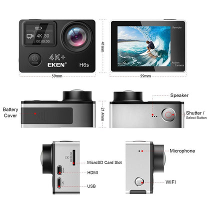 Camera video sport EKEN H6S Ultra HD 4K+ EIS, 170 grade, stabilizare electronica, Dublu ecran, 2' LCD, Wi-Fi, HDMI, Accesorii incluse, micro USB, carcasa subacvatica 30m, 2-inch, Black, Telecomanda si trepied Cadou + Baterie Bonus