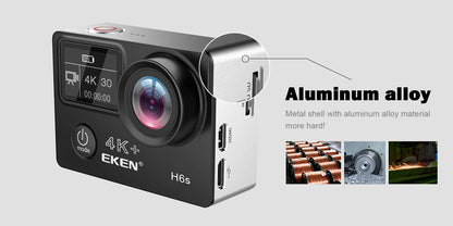 Camera video sport EKEN H6S Ultra HD 4K+ EIS, 170 grade, stabilizare electronica, Dublu ecran, 2' LCD, Wi-Fi, HDMI, Accesorii incluse, micro USB, carcasa subacvatica 30m, 2-inch, Black, Telecomanda si trepied Cadou + Baterie Bonus