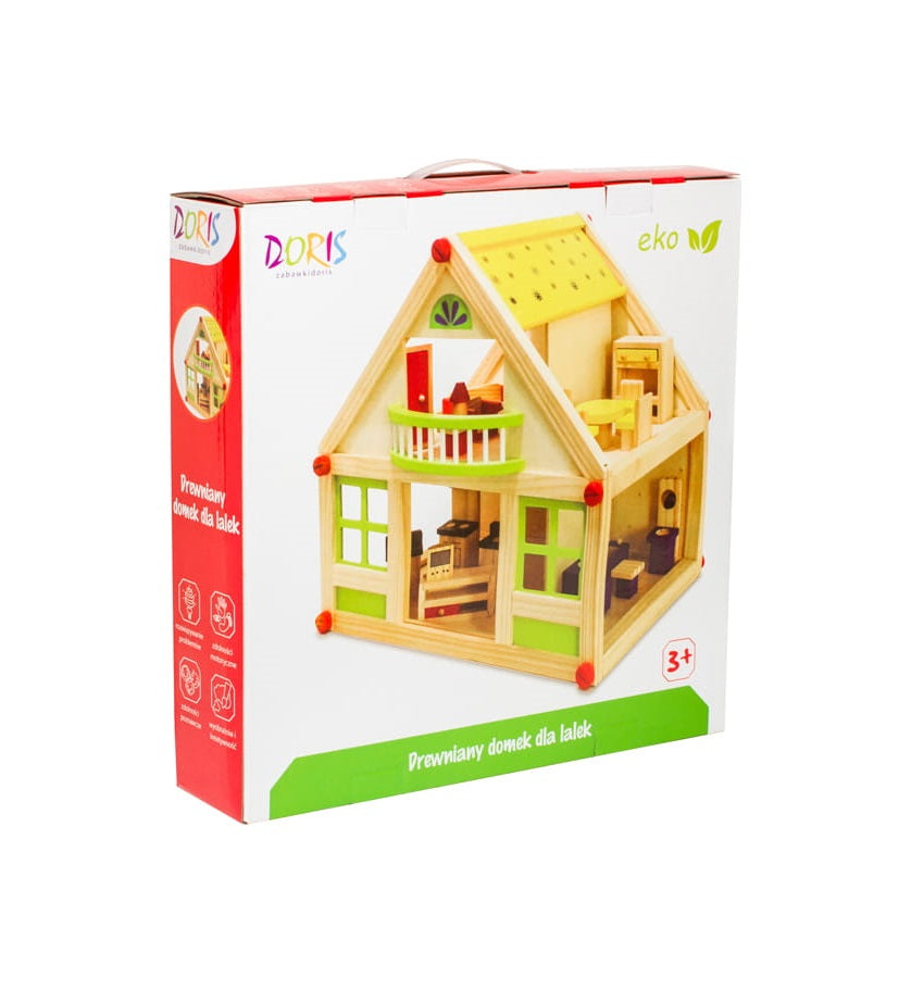 Casuta de Papusi din Lemn cu mobilier idealSTORE ECO GIRL RESIDENCE, Dimensiuni 38 x 40 x 26 cm, Accesorizata cu 24 piese de mobilier ce pot fi pictate manual ceea ce va face ca decorul sa fie unic