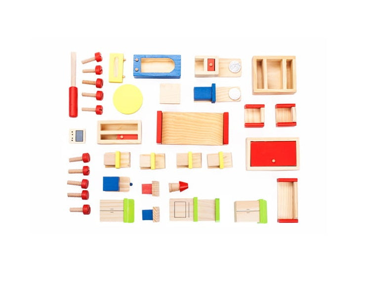 Casuta de Papusi din Lemn cu mobilier idealSTORE ECO GIRL RESIDENCE, Dimensiuni 38 x 40 x 26 cm, Accesorizata cu 24 piese de mobilier ce pot fi pictate manual ceea ce va face ca decorul sa fie unic