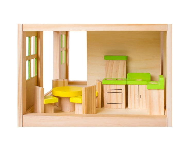 Casuta de Papusi din Lemn cu mobilier idealSTORE ECO GIRL RESIDENCE, Dimensiuni 38 x 40 x 26 cm, Accesorizata cu 24 piese de mobilier ce pot fi pictate manual ceea ce va face ca decorul sa fie unic