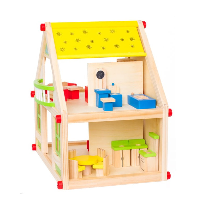 Casuta de Papusi din Lemn cu mobilier idealSTORE ECO GIRL RESIDENCE, Dimensiuni 38 x 40 x 26 cm, Accesorizata cu 24 piese de mobilier ce pot fi pictate manual ceea ce va face ca decorul sa fie unic