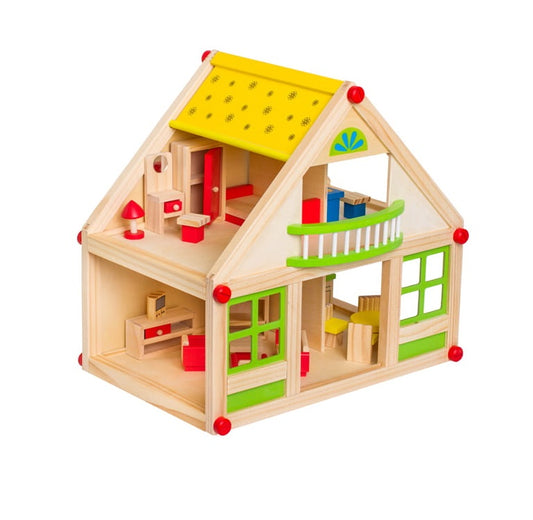 Casuta de Papusi din Lemn cu mobilier idealSTORE ECO GIRL RESIDENCE, Dimensiuni 38 x 40 x 26 cm, Accesorizata cu 24 piese de mobilier ce pot fi pictate manual ceea ce va face ca decorul sa fie unic