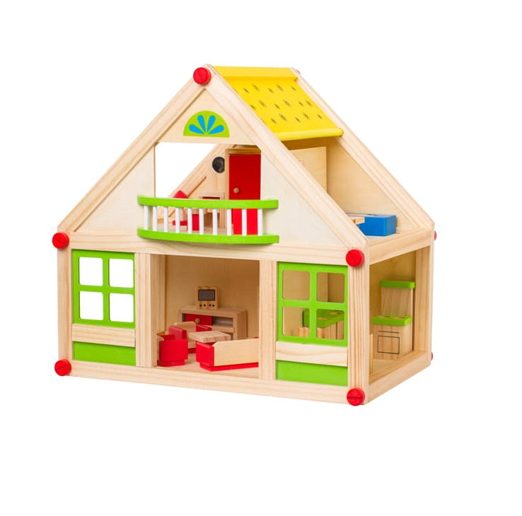 Casuta de Papusi din Lemn cu mobilier idealSTORE ECO GIRL RESIDENCE, Dimensiuni 38 x 40 x 26 cm, Accesorizata cu 24 piese de mobilier ce pot fi pictate manual ceea ce va face ca decorul sa fie unic