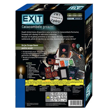 Joc de Societate Catacombele Groazei idealSTORE, Nivel Avansat, Reusiti sa va gasiti Prietenul si sa Scapati din Intunecata Lume Subterana, 118 Carti, 3 Cranii, Stativ, Regulament