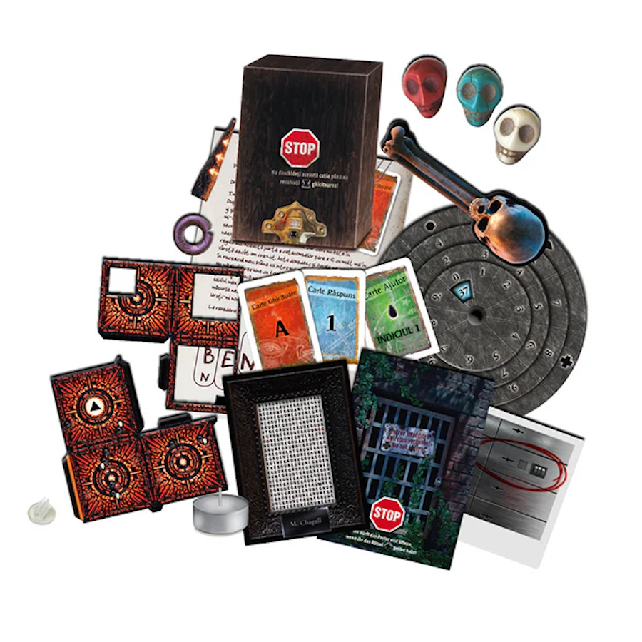 Joc de Societate Catacombele Groazei idealSTORE, Nivel Avansat, Reusiti sa va gasiti Prietenul si sa Scapati din Intunecata Lume Subterana, 118 Carti, 3 Cranii, Stativ, Regulament