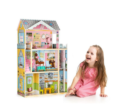 Casuta de papusi din lemn idealSTORE MAGIC MANSION, Dimensiuni 117 x 74 x 30 cm, Construita pe 3 nivele, Include 4 camere, 8 piese de mobilier din lemn, lift, Imita perfect o adevarata casa rezidentiala