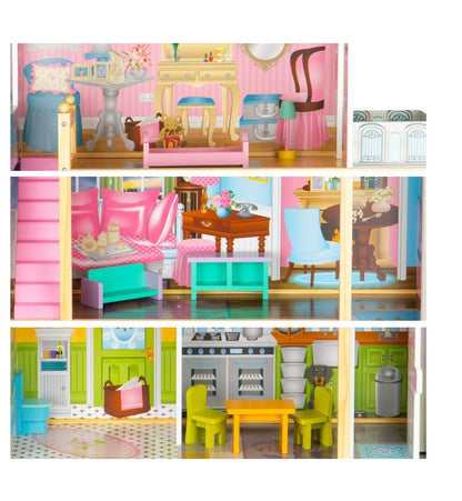 Casuta de papusi din lemn idealSTORE MAGIC MANSION, Dimensiuni 117 x 74 x 30 cm, Construita pe 3 nivele, Include 4 camere, 8 piese de mobilier din lemn, lift, Imita perfect o adevarata casa rezidentiala