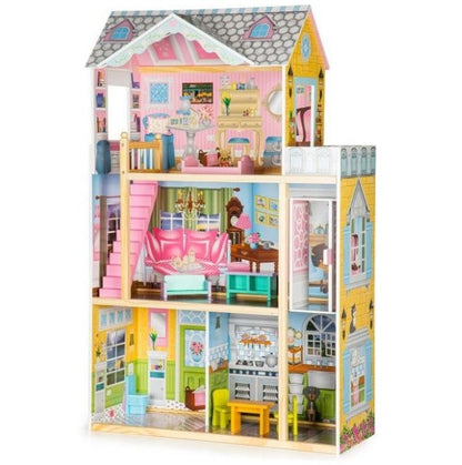 Casuta de papusi din lemn idealSTORE MAGIC MANSION, Dimensiuni 117 x 74 x 30 cm, Construita pe 3 nivele, Include 4 camere, 8 piese de mobilier din lemn, lift, Imita perfect o adevarata casa rezidentiala