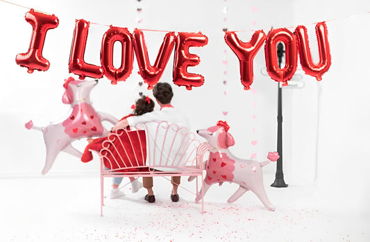 Baloane din Folie I Love You idealSTORE, Dimensiuni 260 x 40 cm, Include pai pentru Umflare, Panglica cu lungimea de 3 m, Ideal pentru Valentine's day