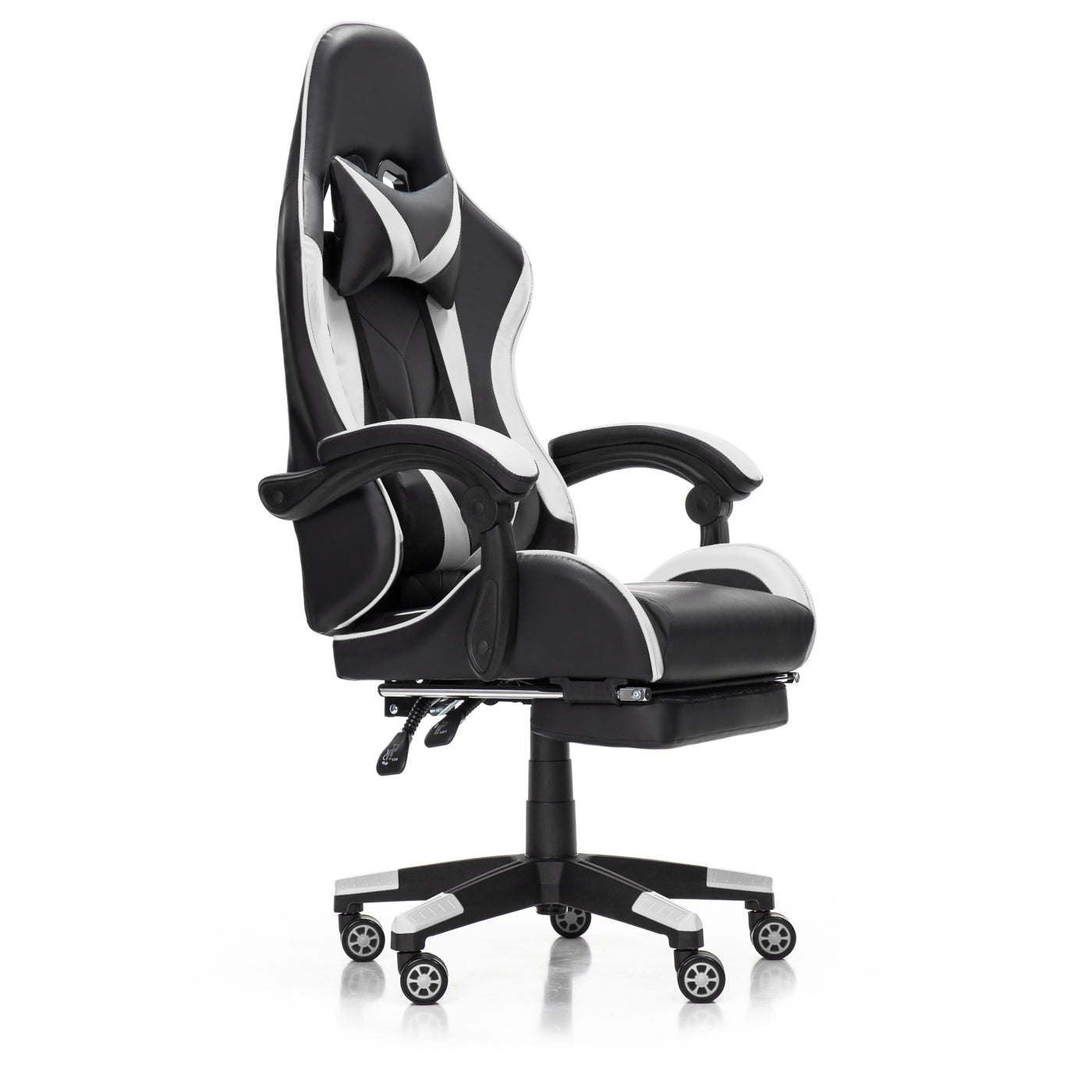 Scaun Gaming Reglabil idealStore eSPORT, Suport pentru Picioare Retractabil, Cotiere reglabile, Perne Confortabile, Modificare inclinatie spatar, Alb Negru