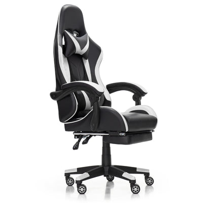 Scaun Gaming Reglabil idealStore eSPORT, Suport pentru Picioare Retractabil, Cotiere reglabile, Perne Confortabile, Modificare inclinatie spatar, Alb Negru