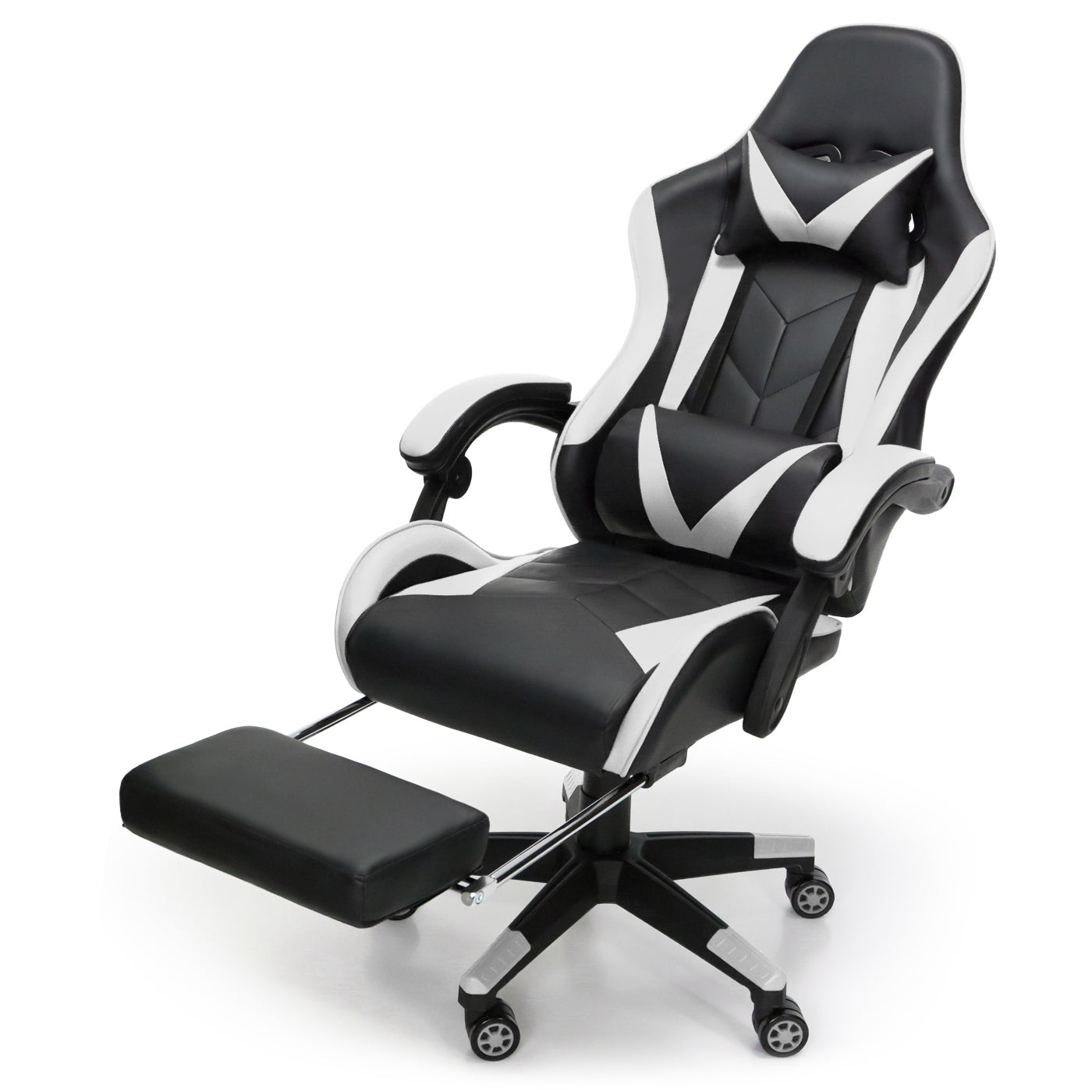 Scaun Gaming Reglabil idealStore eSPORT, Suport pentru Picioare Retractabil, Cotiere reglabile, Perne Confortabile, Modificare inclinatie spatar, Alb Negru