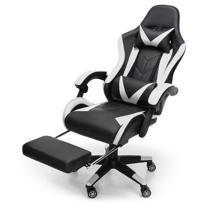 Scaun Gaming Reglabil idealStore eSPORT, Suport pentru Picioare Retractabil, Cotiere reglabile, Perne Confortabile, Modificare inclinatie spatar, Alb Negru