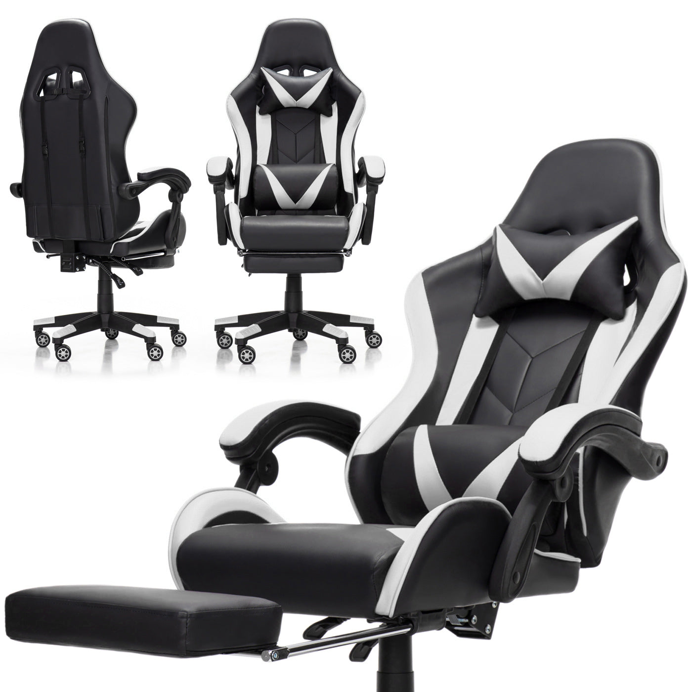 Scaun Gaming Reglabil idealStore eSPORT, Suport pentru Picioare Retractabil, Cotiere reglabile, Perne Confortabile, Modificare inclinatie spatar, Alb Negru